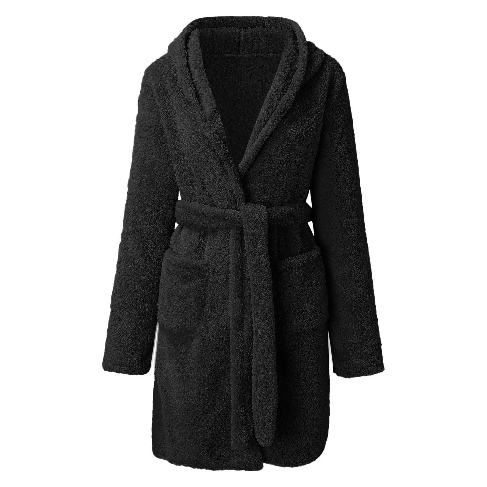Women Plush Short Robes Winter Warm Fleece Hooded Bathrobe Dressing Gown Pajamas Bathing Robe Thicken Coat Sleepwear Cardigans