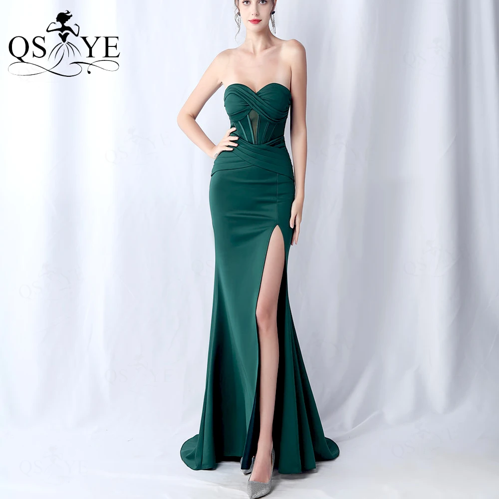 

Off Shoulder Emerald Evening Dresses Green Keyhole Boned Bodice Long Split Prom Gown Cross Pleat Ruched Stretchy Party Dress New