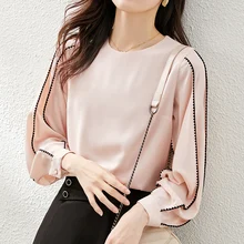 

Pink sweet women shirt long-sleeved o neck chiffon shirt women's spring fashion round neck pullover ladies top blusas mujer 2022
