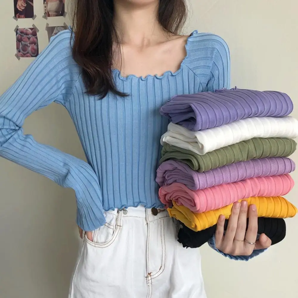 

Блузка тонкая однотонная женская с длинным рукавом, осенняя, рифленая, короткая, волнистая