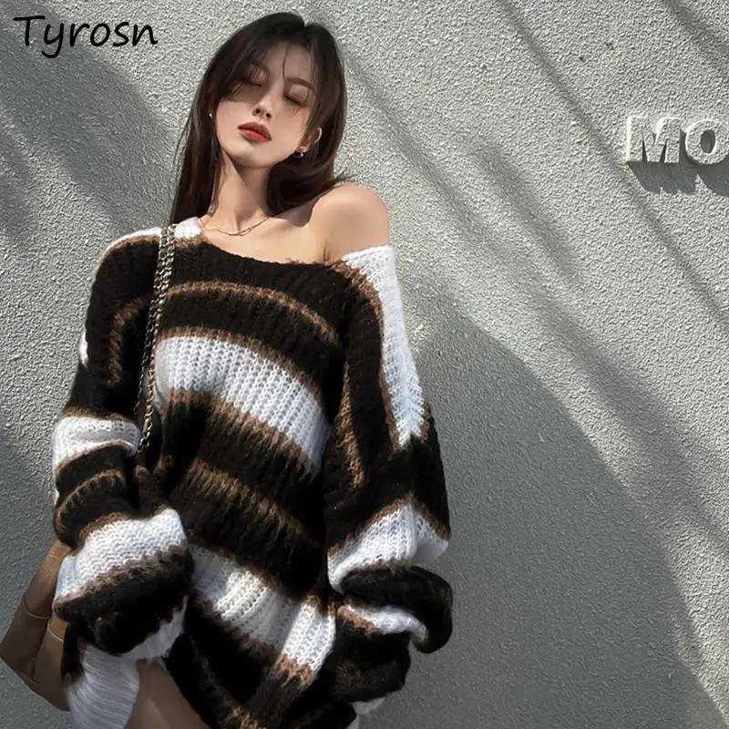 

Oversize Winter Pullovers Women Striped Loose Off Shoulder Knitted Long Sleeve All-match Chic Ulzzang Preppy Autumn Tops Slouchy