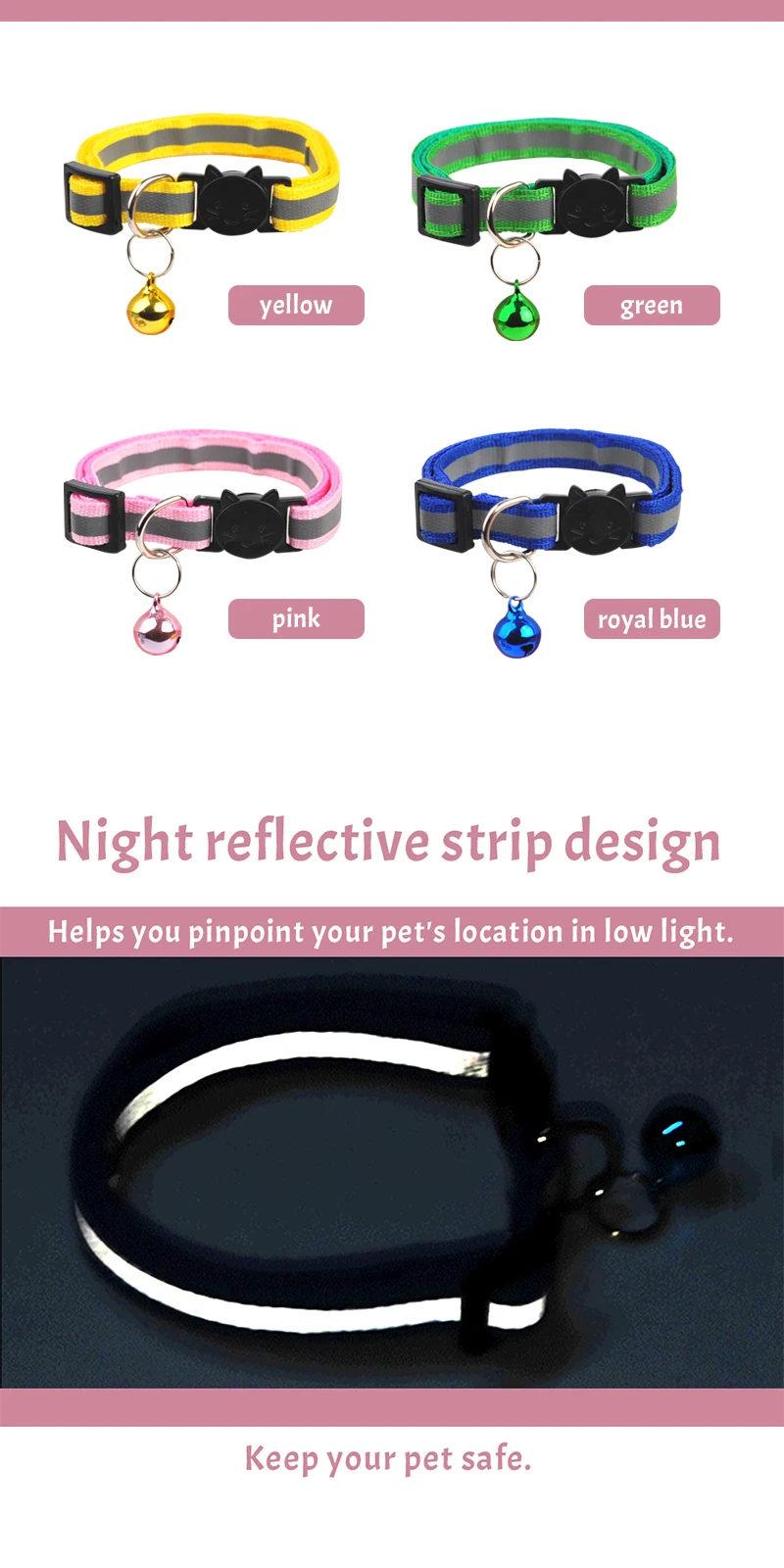 Pet Cats Dog Collar With Bell Reflective Adjustable Necklace Strap Luminous Breakaway Buckles Collar Pet Products Accessories