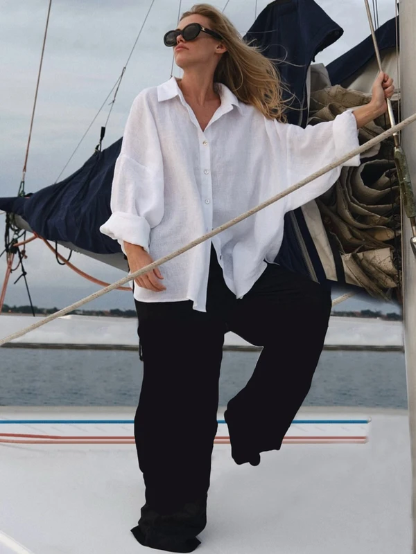 White Women's Linen Shirt Long Sleeve Elegant Pink