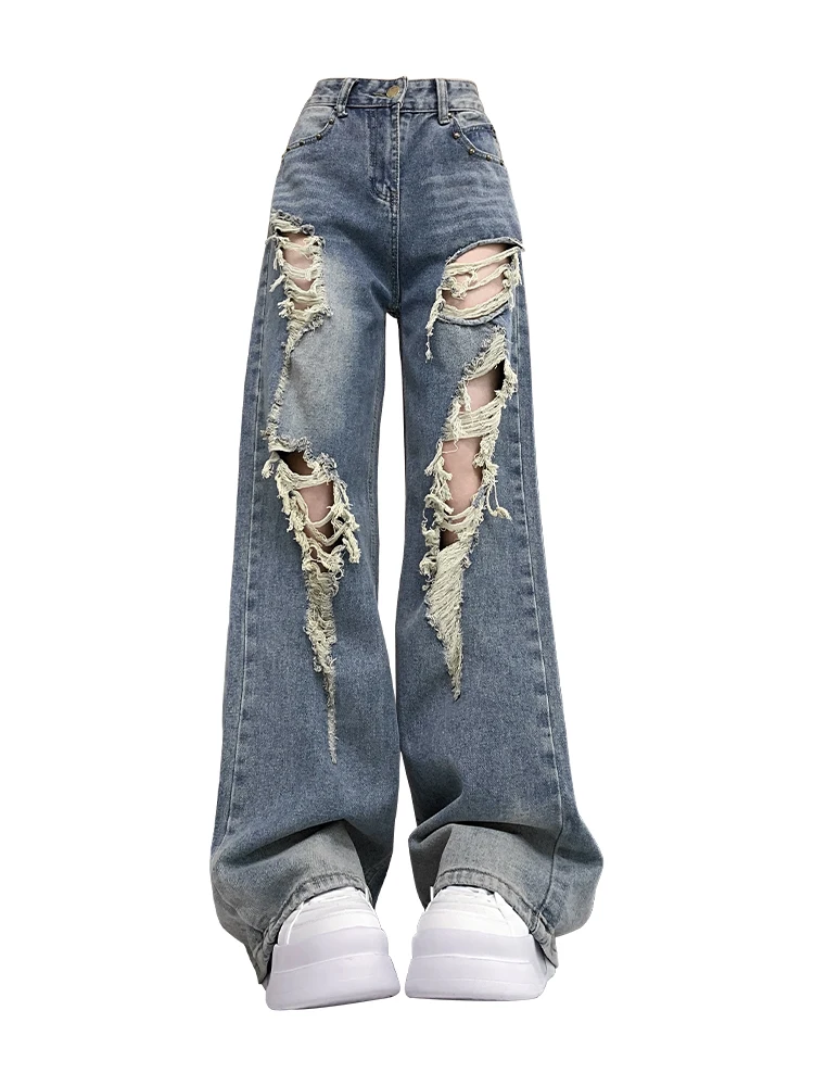

Women's Baggy Ripped Jeans Vintage Cowboy Pants Harajuku Aesthetic Denim Trousers Y2k Trashy Japanese 2000s Style Clothes 2024