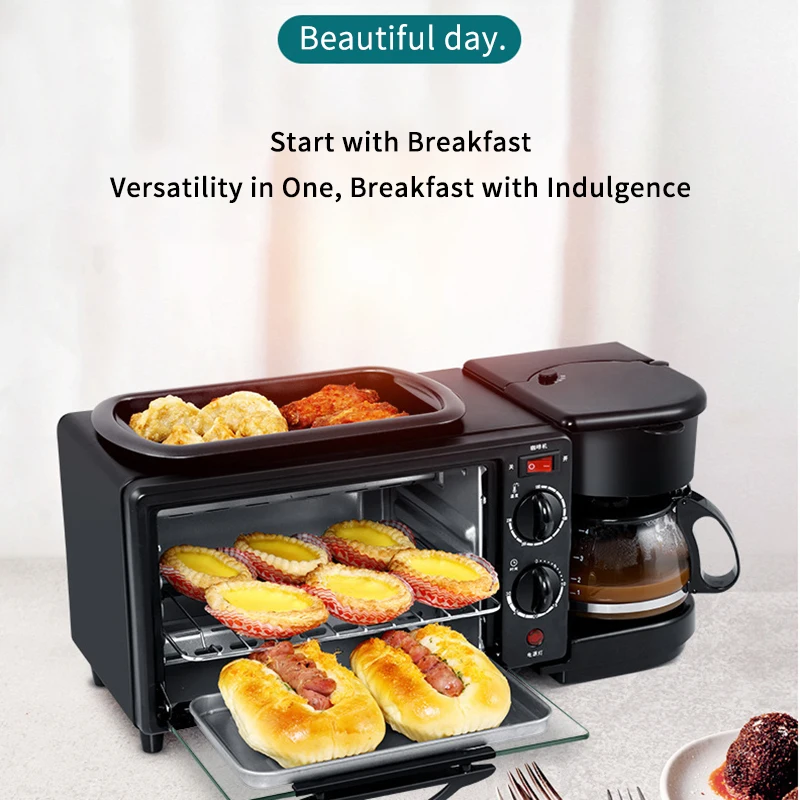 US 110V EU/UK 220V New 3 In 1 Breakfast Makers Set Multifunctional Machine With Toaster Oven Coffee Maker Frying Pan With lid 6