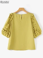 ZANZEA 2025 Summer Women Ruffled Blouse 3/4 Lantern Sleeve Tops Shirt Korean Fashion Round Neck Tunics Casual Loose Blusas Femme - Image 5