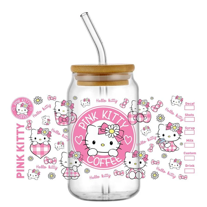 Coffee Can Wraps Miniso Hello Kitty Theme For Libbey 16oz Can Glass Kuromi Coffee Waterproof UV DTF Coffee Can Wrap Libbey Glass 3D Wrap