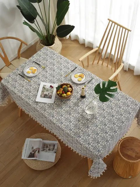 Mantel estampado de lino y algodón bohemio, mantel chino de porcelana azul y blanca para mesa occidental, picnic, fiesta