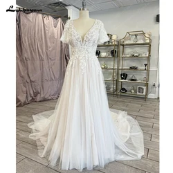 Lakshmigown Lace V-Neck Boho Wedding Dress with Sleeves vestidos de fiesta A Line Tulle Beach Wedding Gowns 2023 Hochzeit