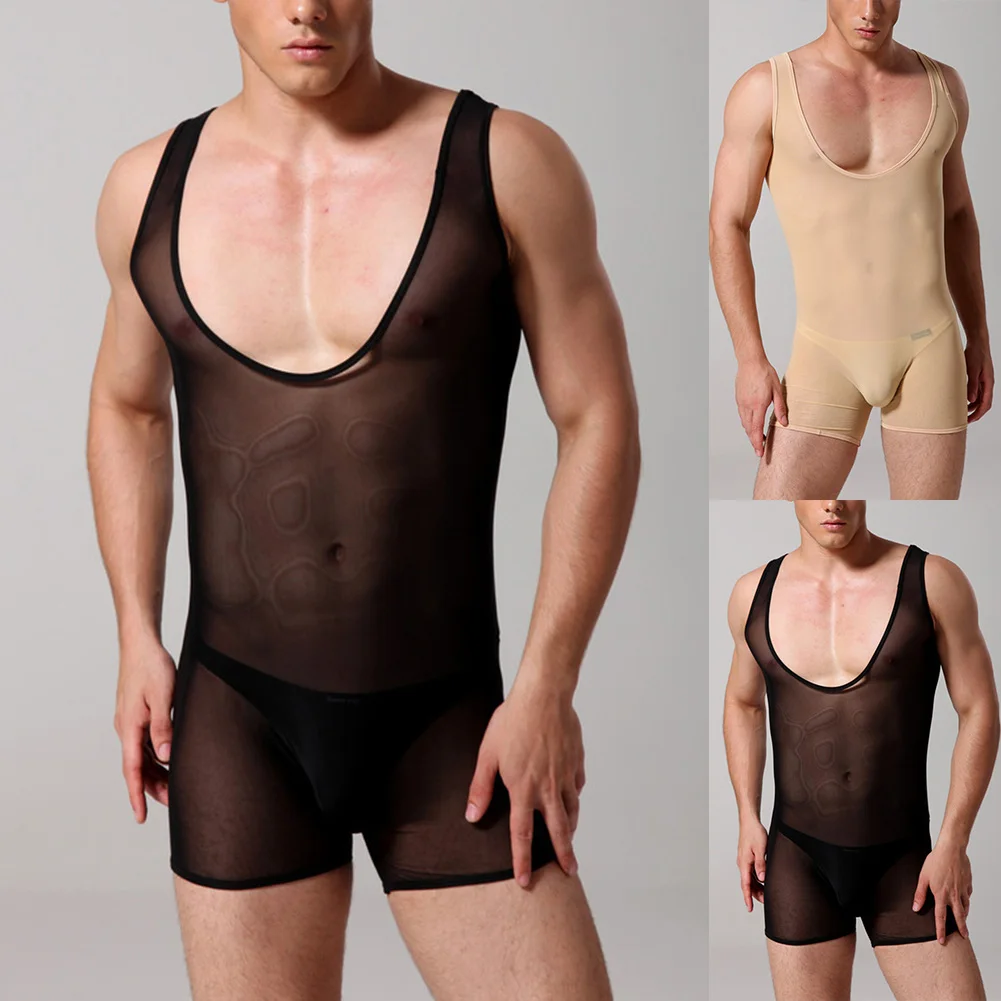 Men's Soft Bodysuit Shiny Silk Underwear Round Neck Sleeveless Sports Running Yoga Swimsuit Ultra-thin Mesh Gay Erotic Lingerie