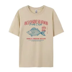 Vintage Grunge Aesthetic Oversized Seafood Graphic Tee - XS (Khaki)
