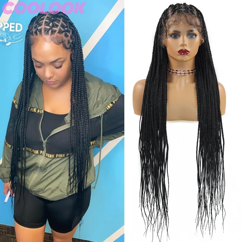 

36inch Full Lace Box Braid Wig Super Long Criss Cross Knotless Box Braid Frontal Wig Synthetic Braided Lace Front Wig Black Wigs