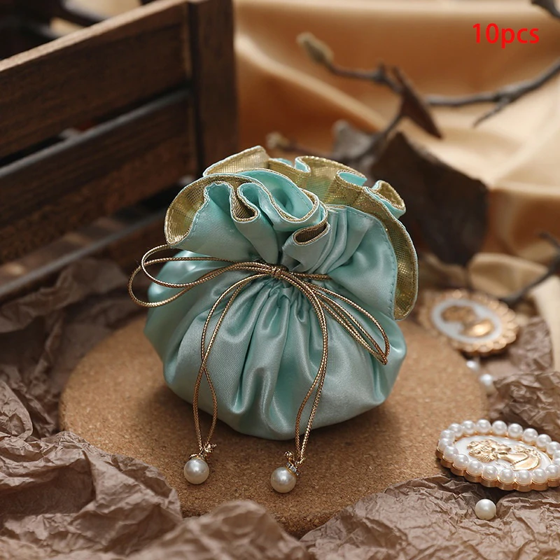 10PCS Luxury Packing Drawstring Velvet Pouch Silk Gift Bag For Jewelry Wedding Candy Boxes With Pearl String Decor Favors Bags