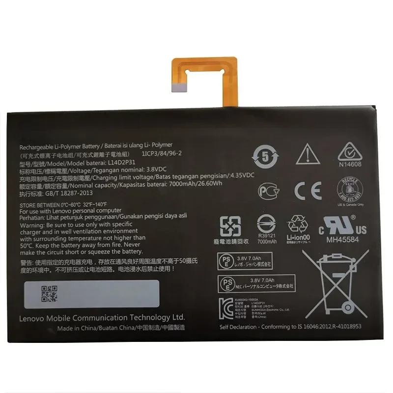 Original New 3.8V 7000mAh 26.6Wh Original L14D2P31 Battery For Lenovo Tab 2 A7600-F A10-70F Tab2 A10-70 A10-70L Battery