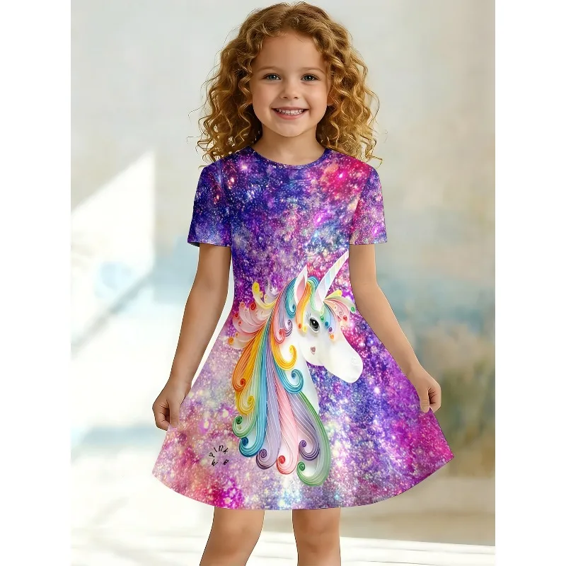 Mädchen-T-Shirt-Kleid mit Regenbogen-Einhorn-Aufdruck, glänzend, lila Galaxie, Freizeitkleid, geeignet für Kinderpartys, Geburtstage und Geschenke
