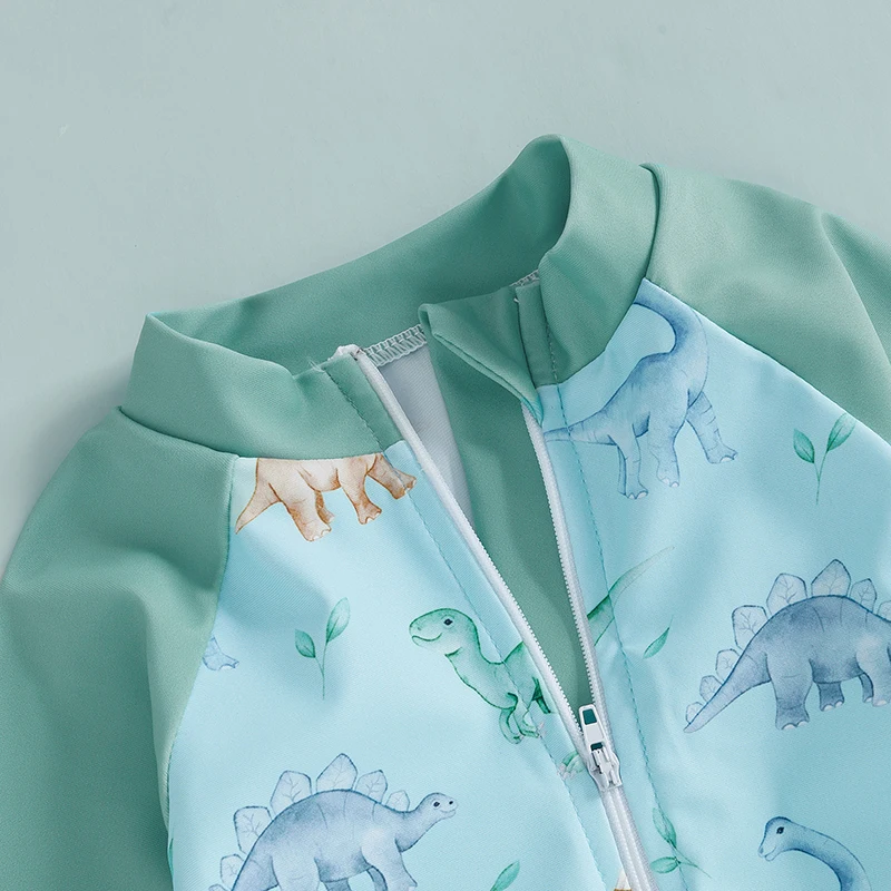 Kids Baby Boys Summer Swimwear Casual Dinosaur/Sea Creature Print Zipper Rash Guard Swimsuit and Hat Beachwear Bathing Suit