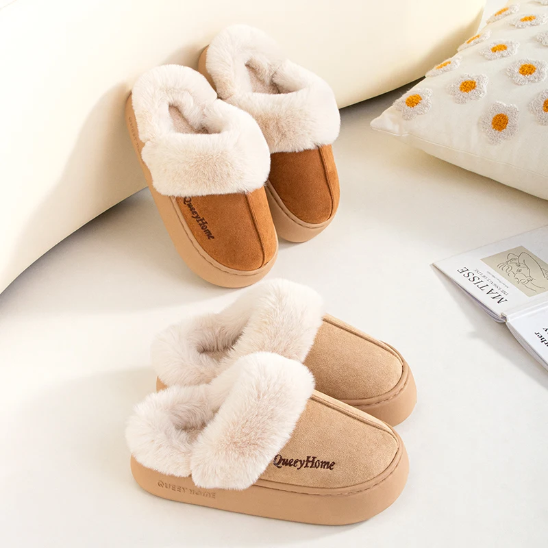 Queeyhome Winter Women Flat-Bottomed Plush Commute Solid Color Versatile Cotton Slippers Warm Cozy Indoor-Outdoor Man Shoes 6