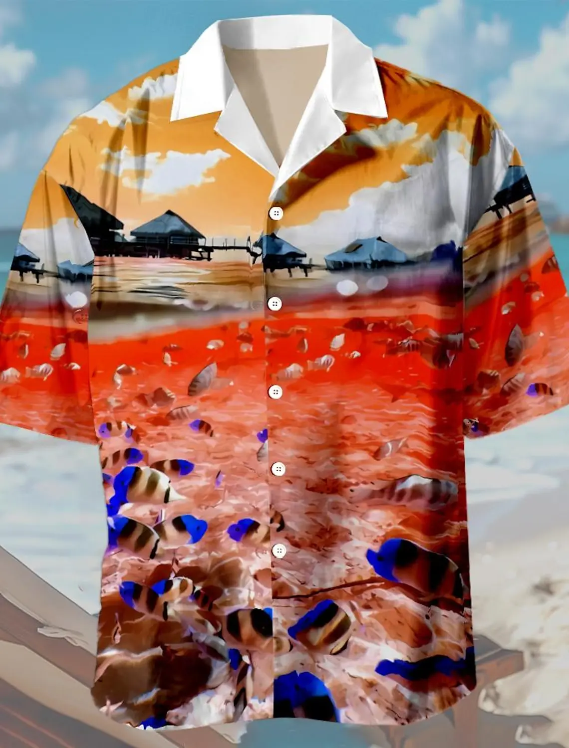 thumbnail image 1 of Camisa hawaiana náutica para hombre, camisa hawaiana de verano, camisa informal de vacaciones, camisa de manga corta con cuello vuelto, tela elástica, 1 of 5