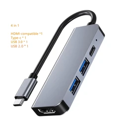 4-in-1 USB C Hub with 4K HDMI, SD/TF Card Reader, USB 3.0/2.0, and Type C Charging Dock (Grey 4 in 1)