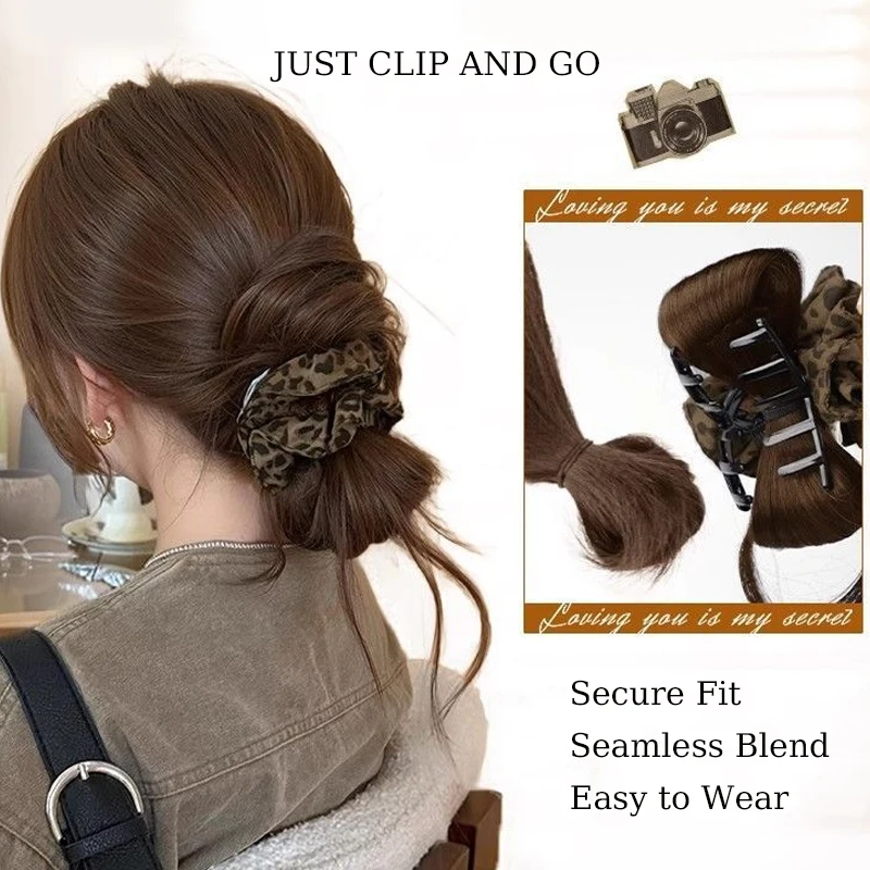Synthetic Messy Hair Bun Wig Hair Extensions Claw Clip Updo Hairpiece with Leopard Print Hair Tie for Women Daily Use Low Updo
