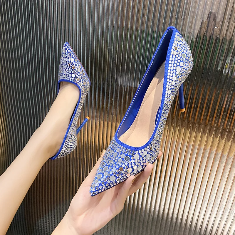 

Pointed Toe Crystal Sandals Blue Fine Heels Party Shoes for Women Fashion Female Pumps Summer Slip-on Zapatos Mujer
