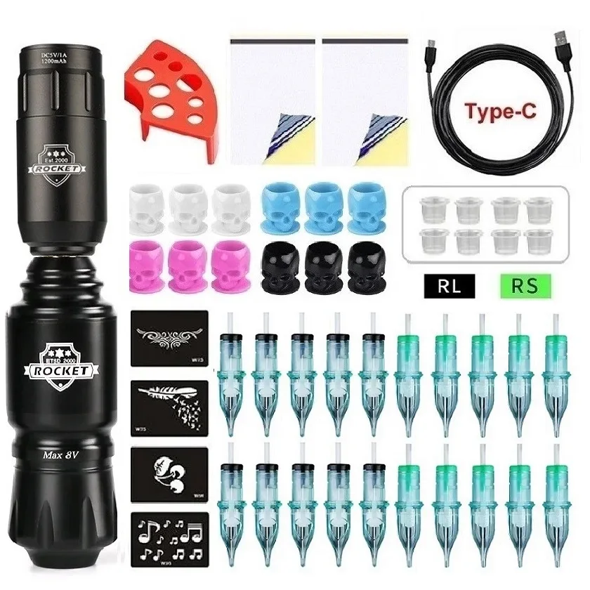 Wireless Tattoo Machine Complete Kit Rotaty Adjustable Speed RCA Tattoo Battery Pen Set With 20PC Cartridges Needle For Body Art