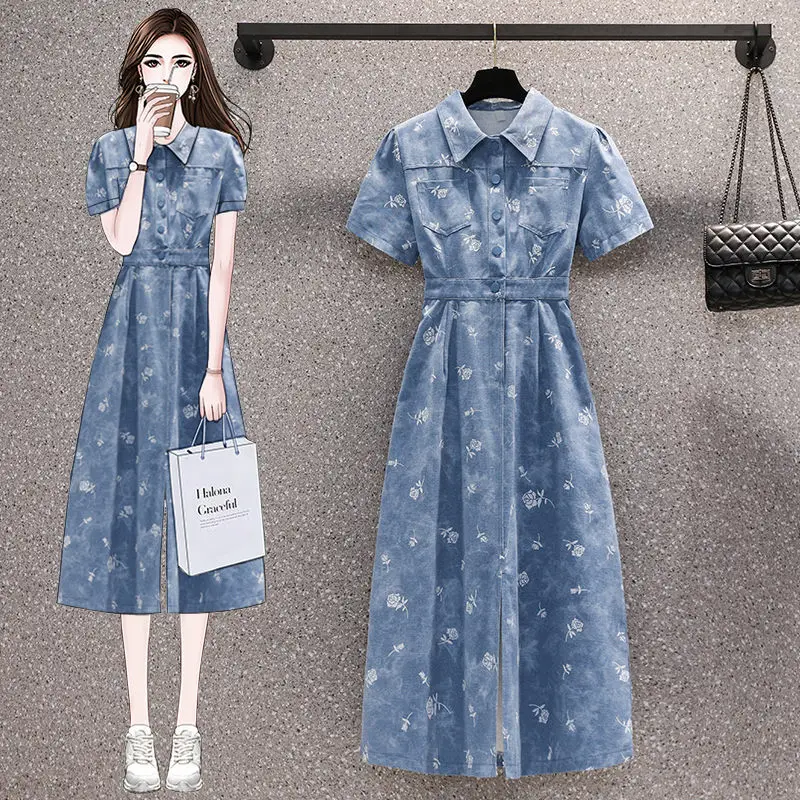 

Oversized Women's Dress Summer 2023 Sweet Retro Denim Dress Large Size Slim Turn Down Neck Trendy Printed Jeans Shirt Robe Z1893