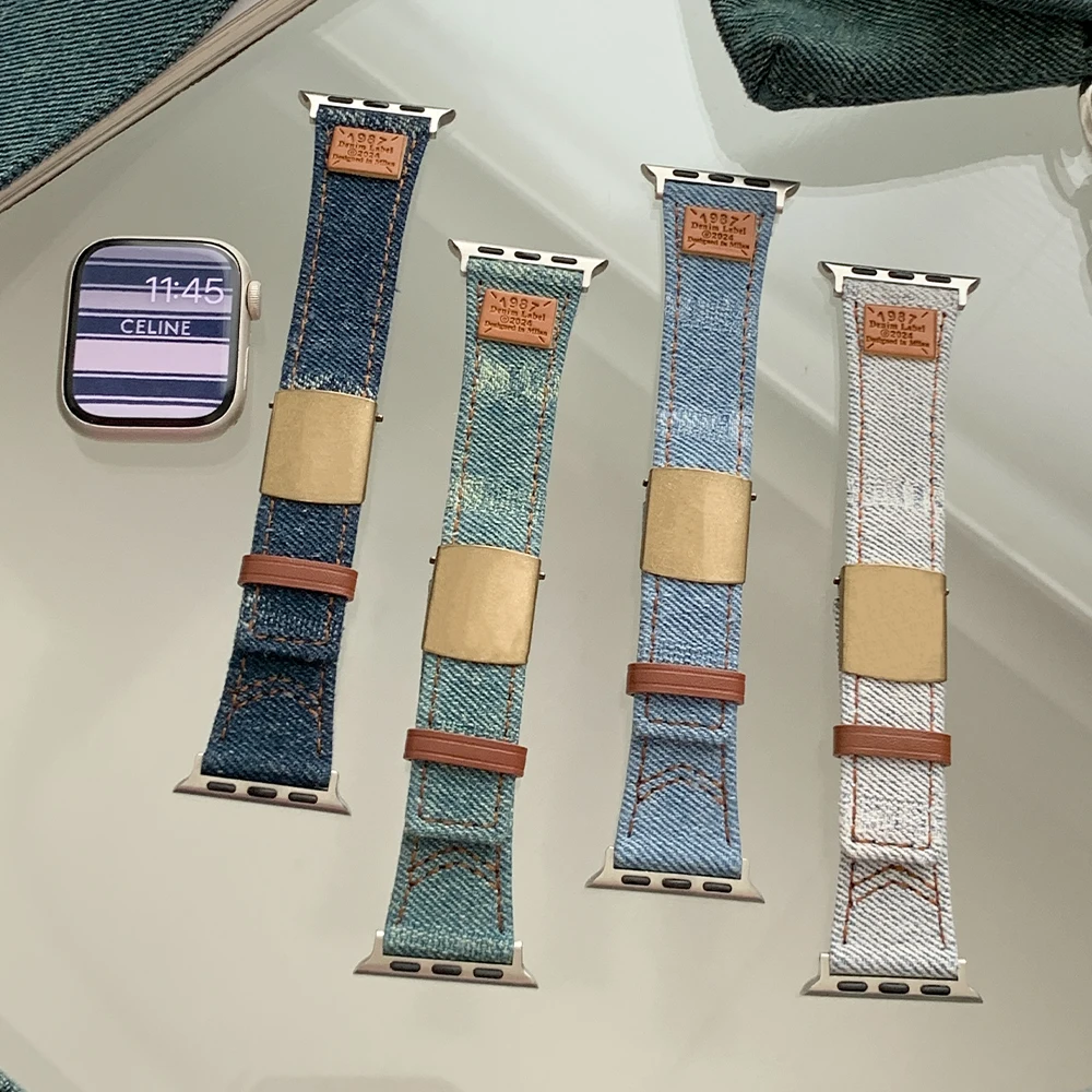 

Women Leather Strap for Apple Watch 40mm 41mm 42mm 44mm 45mm Cute Denim Cloth Band for Iwatch Series 9 8 7 6 5 4 Se 3 38mm 49mm