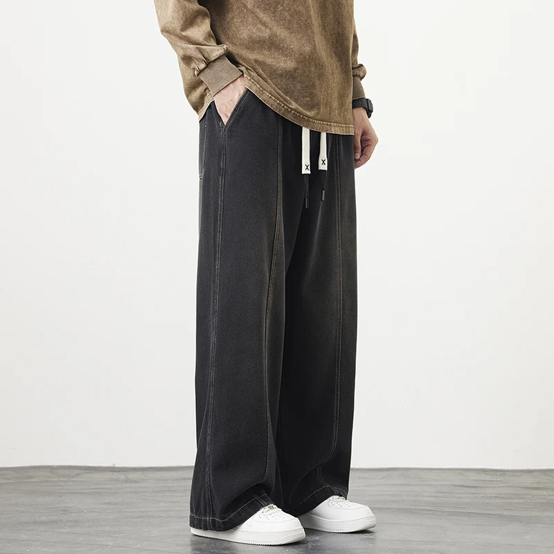 Plus Size M-8XL Men Baggy Jeans Elastic Waist Streetwear Y2K Trousers Straight Leisure Wide Denim Pants Denim Trousers