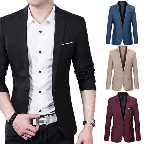 

1 Men Blazers Slim Autumn Suit Blazer Business Formal Party Male Suit One Button Lapel Casual Long Sleeve Pockets Top Plus Size