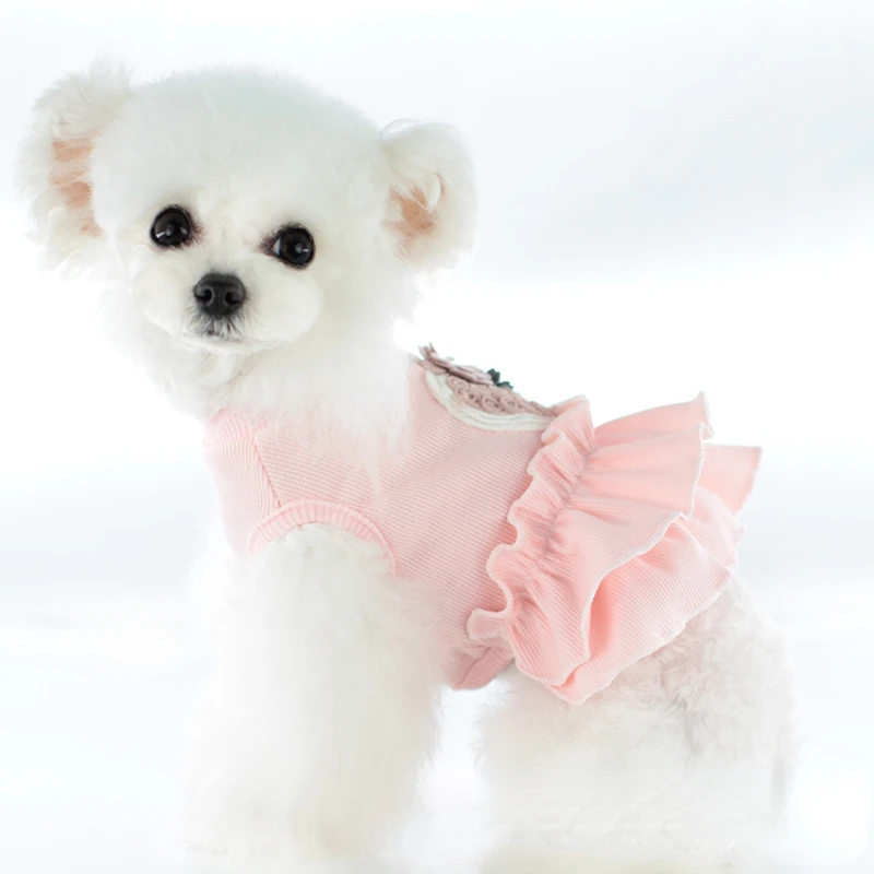 

Fashion Three-dimensional Flower Knitted Dog Dress with Contrasting Color Stitching Elegant Dog Clothes Solid Princess Cat Dress