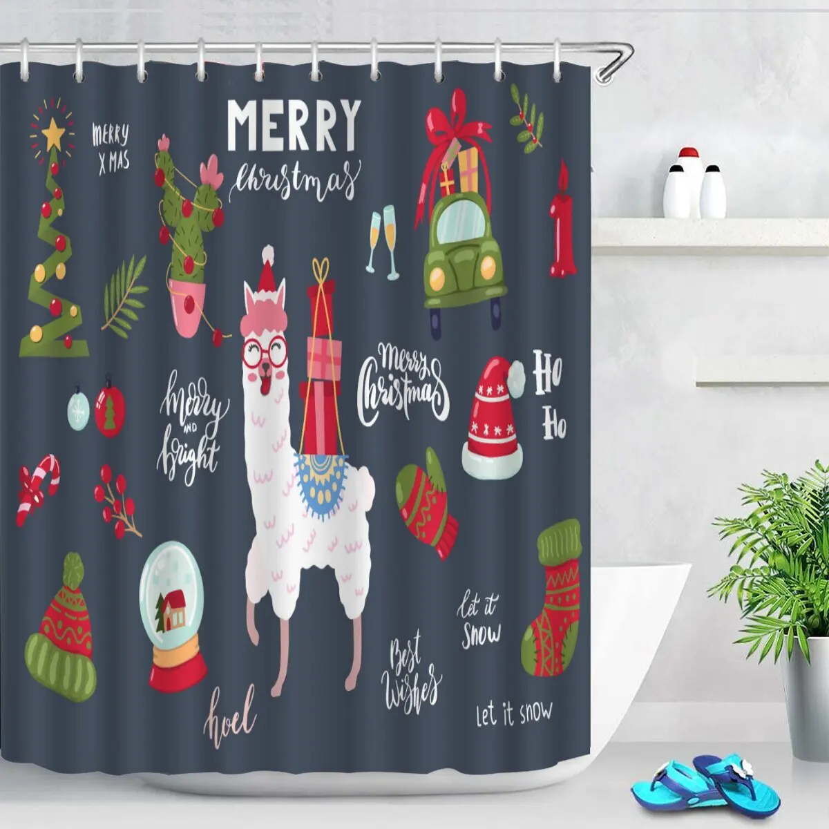 

Santa Dog Bathroom Curtain Santa Snowflake Shower Curtain Bathroom Waterproof Fabric New Year Holiday Decoration Hooks