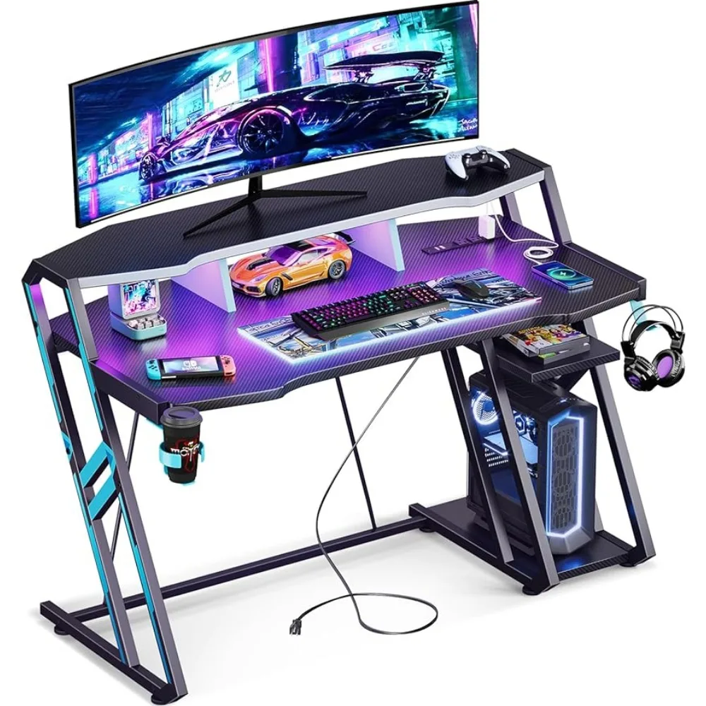 Gaming Desk with Power Outlet LED Lights,Computer Desks Storage Shelf,Gamer Table Carbon Fiber Texture,Gift for Boys Men,Black