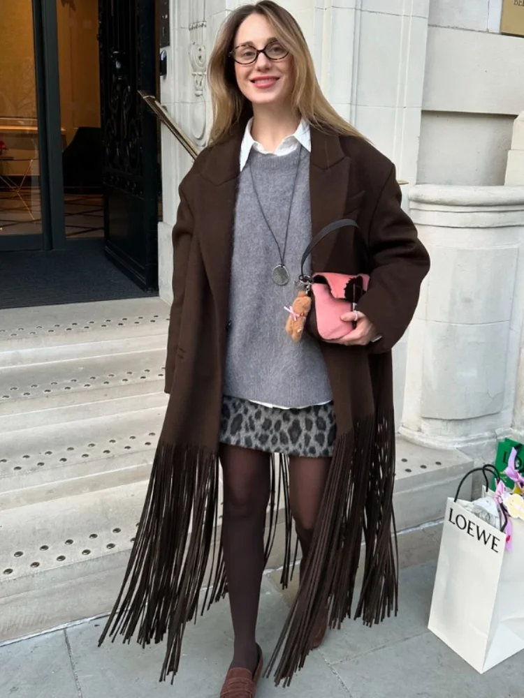 Fashion Tassel Hem Women's Coat Autumn Winter Turndown Collar Long Sleeve Female Overcoat 2024 Brown High Street Lady Outwear 2