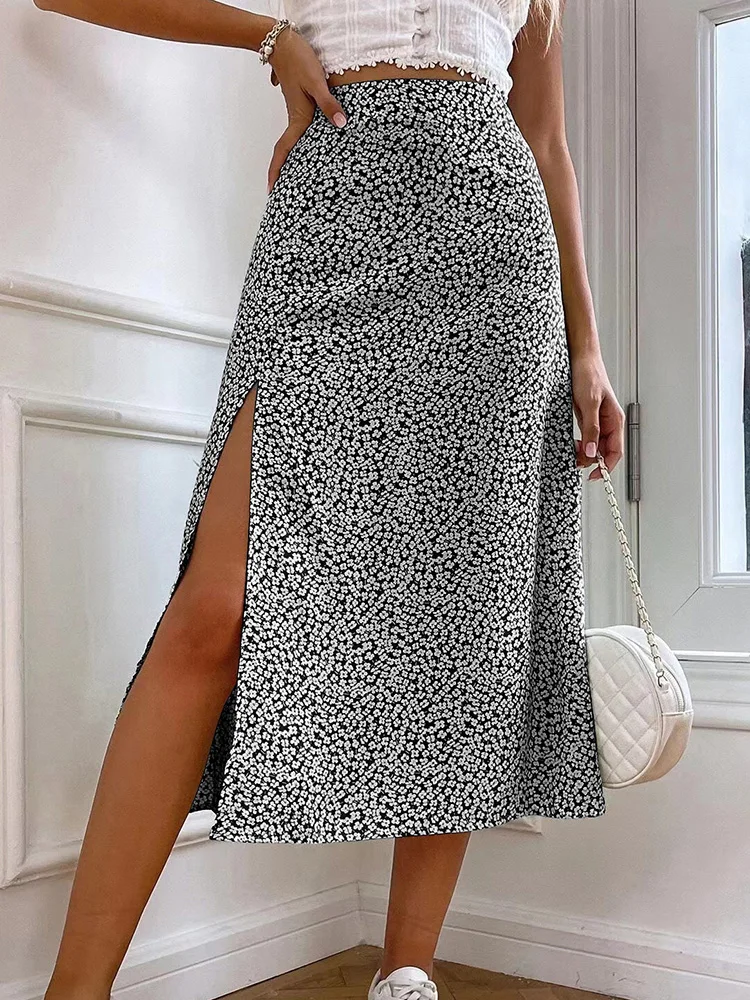 Floral Print Women Skirts 2023 Slit Long Green Boho Split Thigh Allover Elegant High Waist Stretch