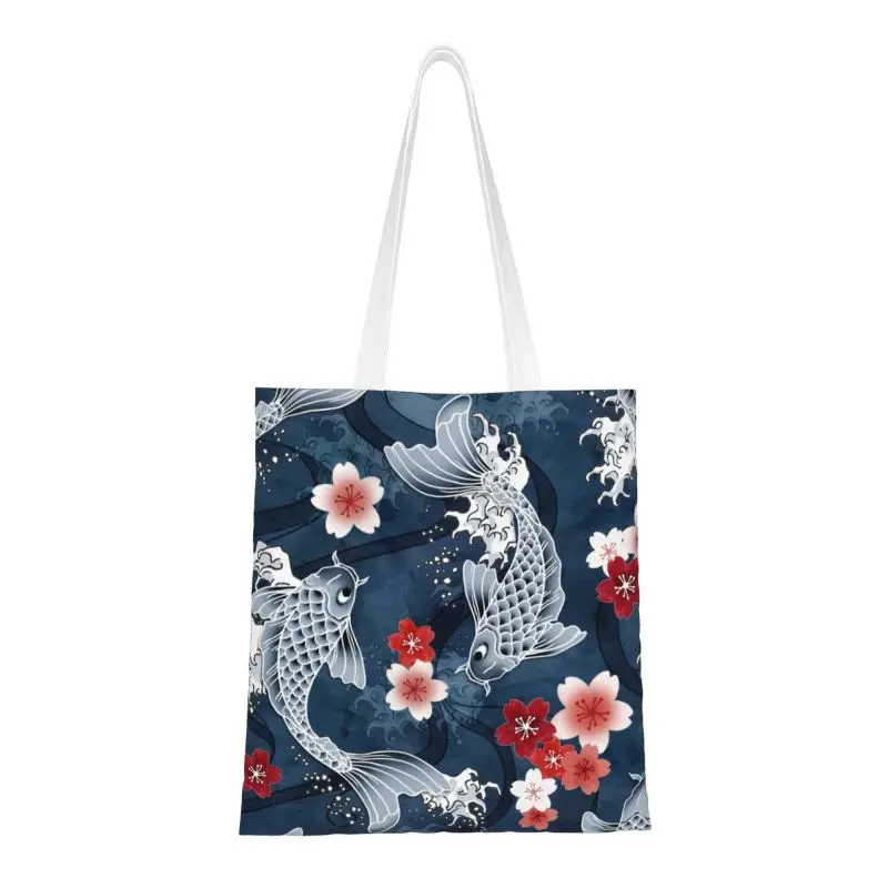 

Сумка-тоут для покупок с забавным принтом цветущего кои сакуры, моющаяся холщовая сумка-шоппер на плечо, японские цветы, карп