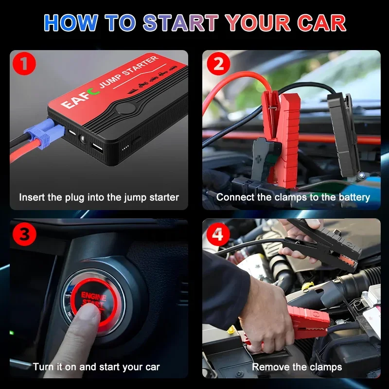 Car Battery Jump Starter 2000A/1200A Fast Charger Power Bank for 12V Car Emergency Starter with LED Light Auto Booster