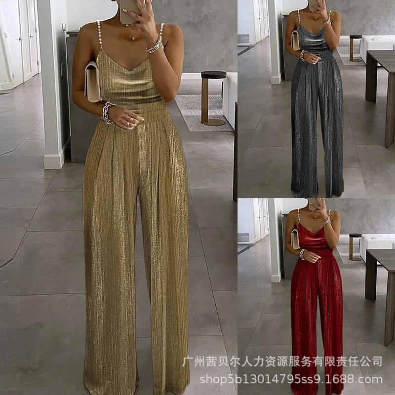 

Women Elegant Beaded Strap Metallic Wide Leg Jumpsuit Onepieces Y2K Chic Clothes V Neck High Waist Loose Romper Overalls