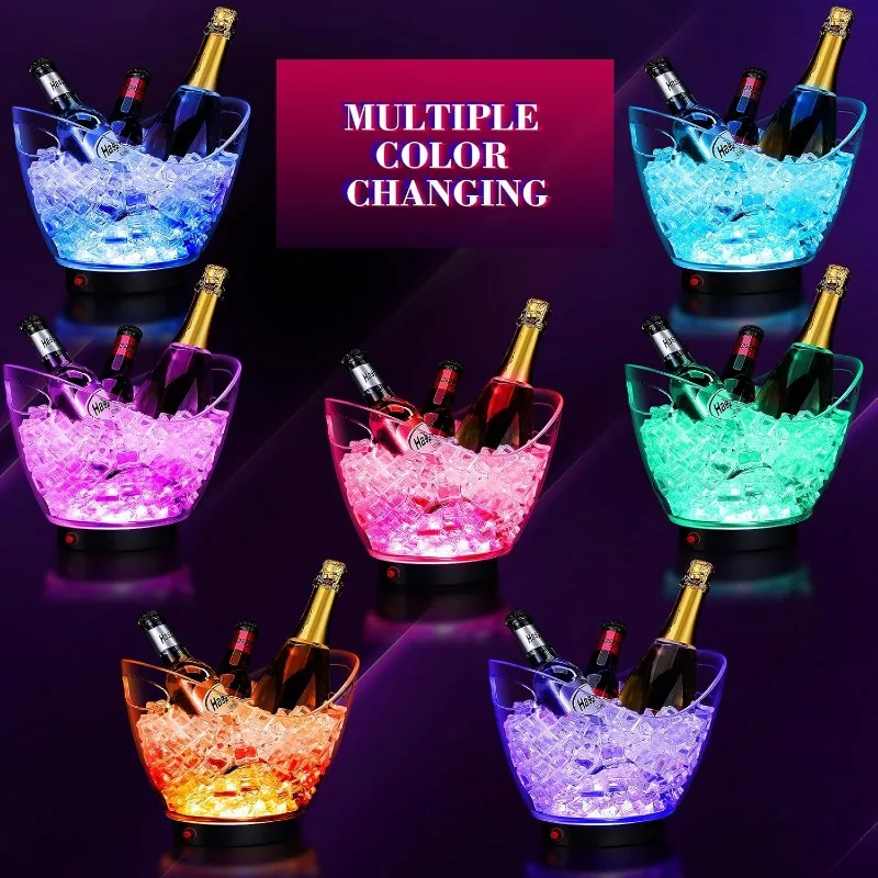 1PCS 2L LED Ice Buckets Plastic Clear Ice Bucket Colors Changing Champagne Wine Beer Cooler Bucket for Home Bar Party Club Use