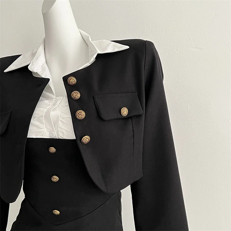 Y2K 3-piece Set Women Crop Coat Blazer White Shirt Halter Sleeveless Bodycon Midi Dress Autumn New Female Korean Chic Outfits