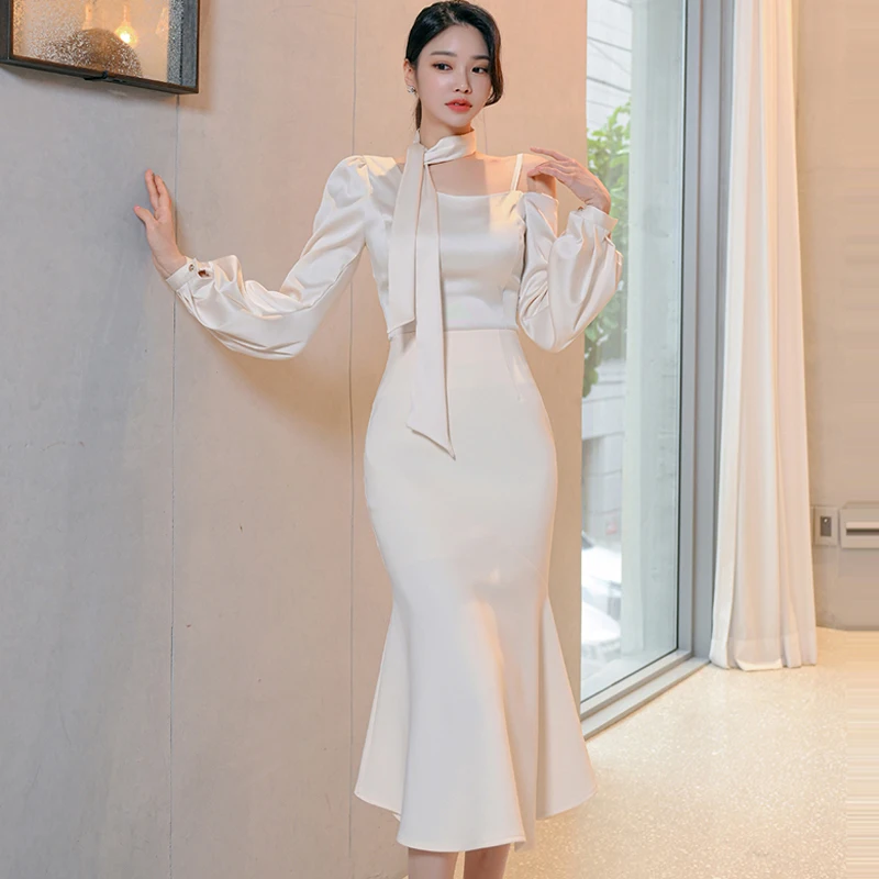 Springtime Elegant Satin Tops + High Waist Skirts Women Business Korean Fashion 2 Piece Sets Streetwear Long Sleeve Skirts Set