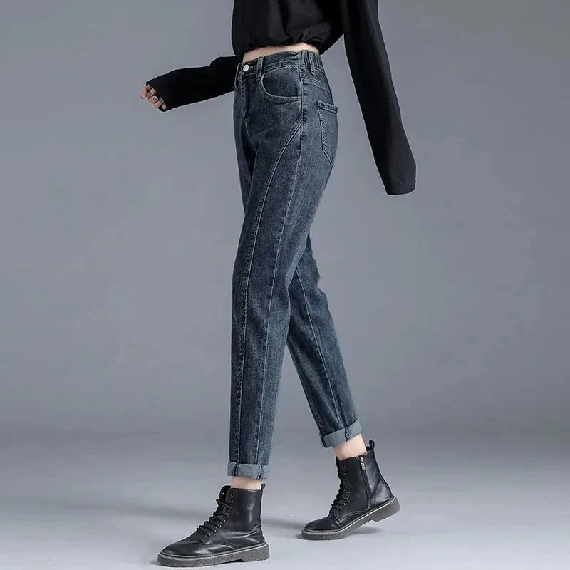 stretchy elastic high waisted mom jeans brown harem pants streetwear women pockets casual pencil pants cotton denim trousers 2024 New Design Korean Fashion Slim Women's Pencil Denim Trousers Vintage High Waisted Harem Jeans Streetwear Pantalon Pants