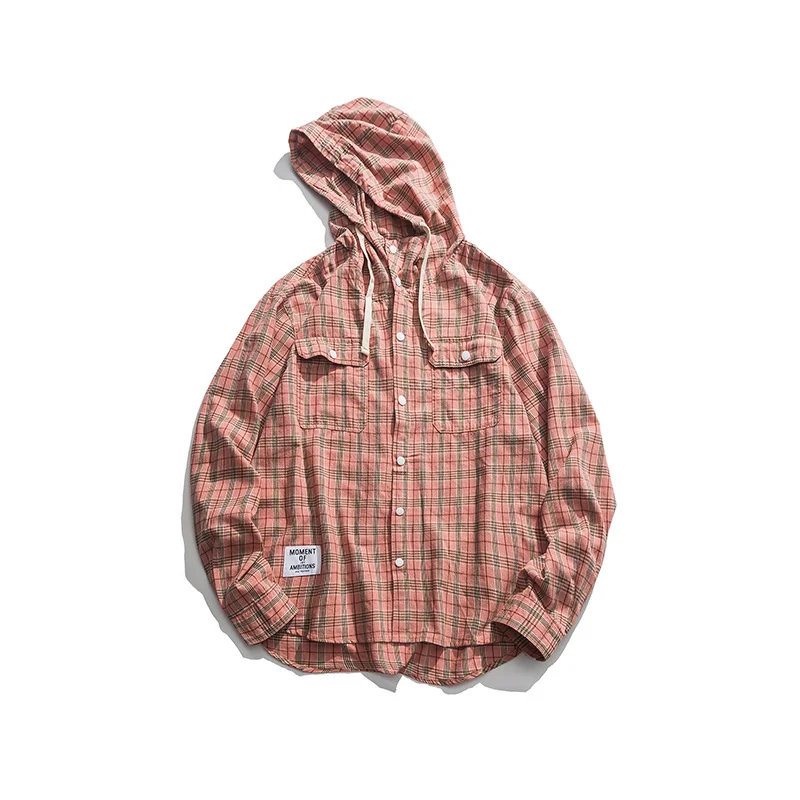 Fashion Classic Autumn Plaid Hooded Shirt Men's Outdoor Trekking Camping Yoga Fitness Labor Cargo Couple Casual Long Sleeve Tops