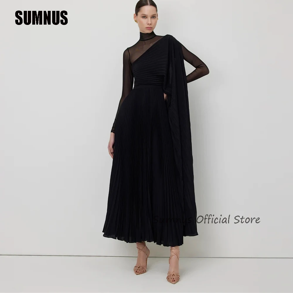 SUMNUS 모던 블랙 시폰 이브닝 파티 드레스, 플리츠 특별 행사 무도회 가운, 트렌디 격식 있는 이벤트 원피스 