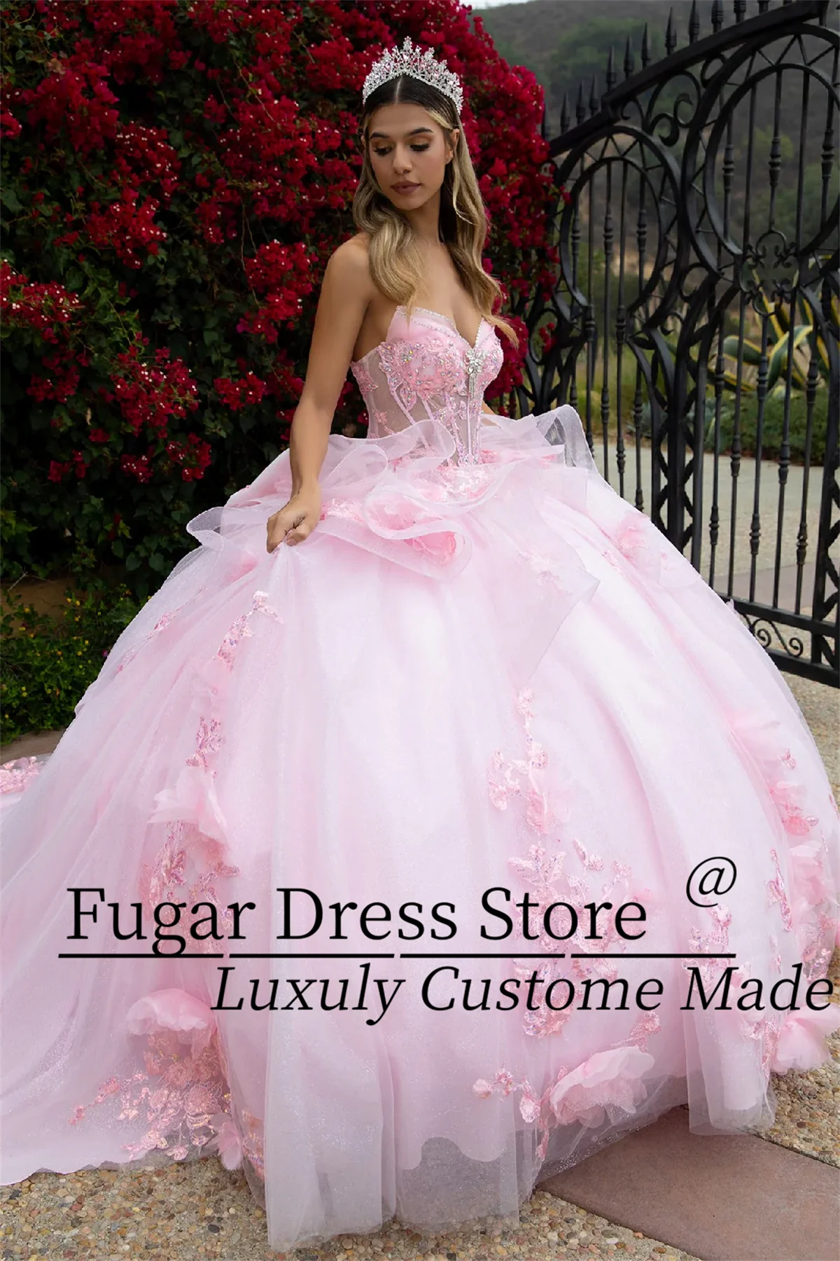 Pink Quinceanera Dresses Beads sequins applique long strapless corset skirt Train skirt with layered waistband