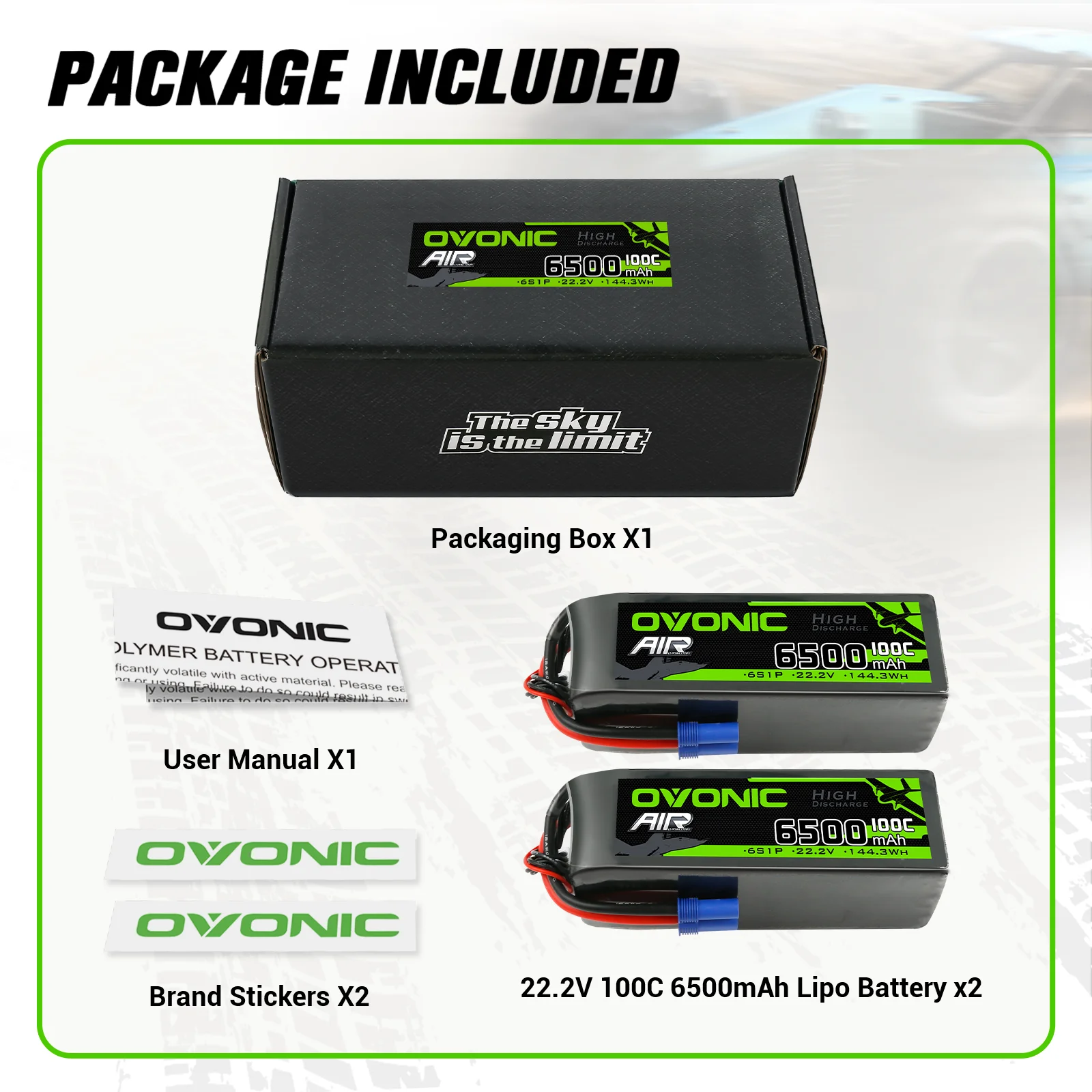 2x OVONIC 11.1V 120C 5000mAh 3S Lipo Battery with EC5 Plug & Li