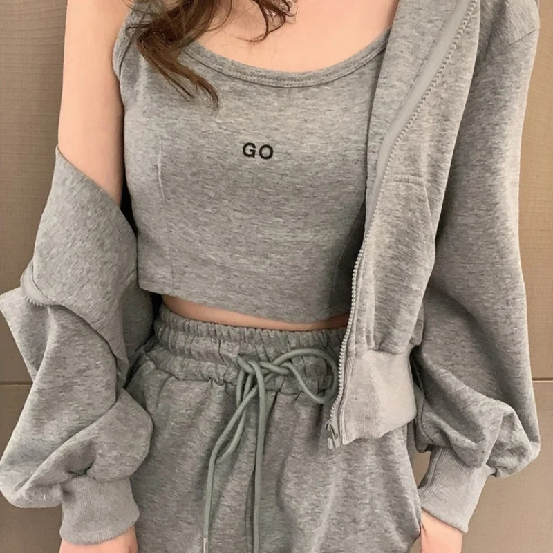 Casual Sports Suits Women Spring Autumn New Korean Loose Cardigan Hoodies Leggings Sweatpants And Suspenders Three-piece Sets
