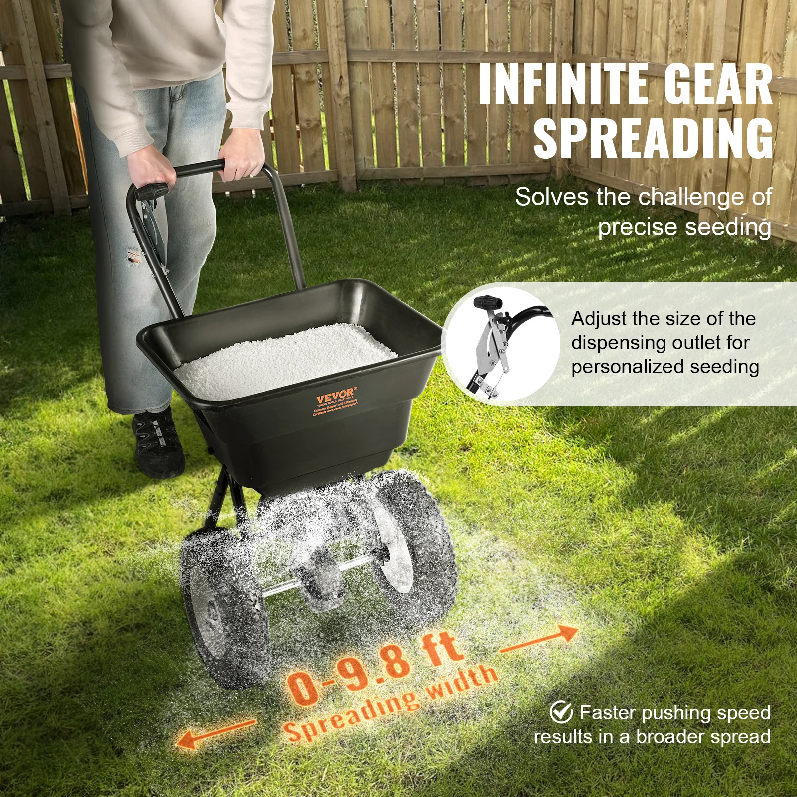 VEVOR Broadcast Spreader 100 LB 10inch Wheels Steel Spike Aerator For Residential Farm Tough Terrain Black