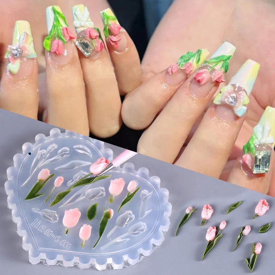 손톱에 대 한 3D 실리콘 꽃 금형 조각 디자인 튤립 안스리움 작은 꽃 구호 소프트 템플릿 DIY 매니큐어 액세서리 도구