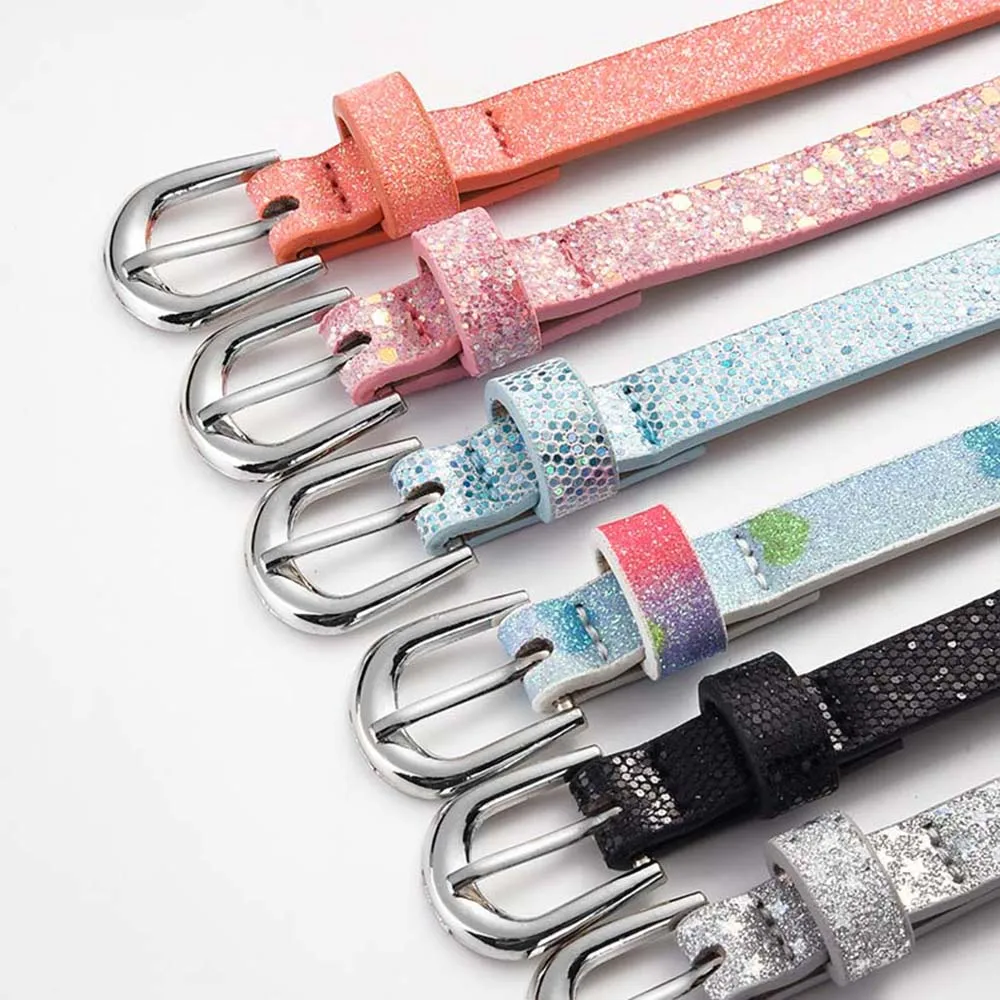Children Shiny Sequins Leather Belts Kids Cute Star Laser waistbands luxury Brand Silver Pin Buckle Belts For Girls Jeans Belt